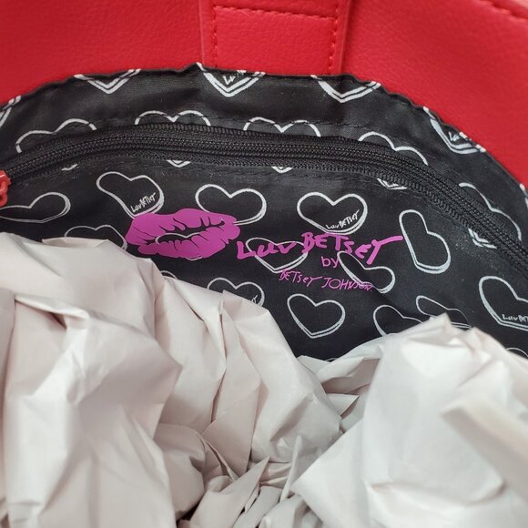 Betsey Johnson Heart LB Ruffle Pink Red Gingham Handbag Crossbody Tote Cottage - Picture 10 of 16